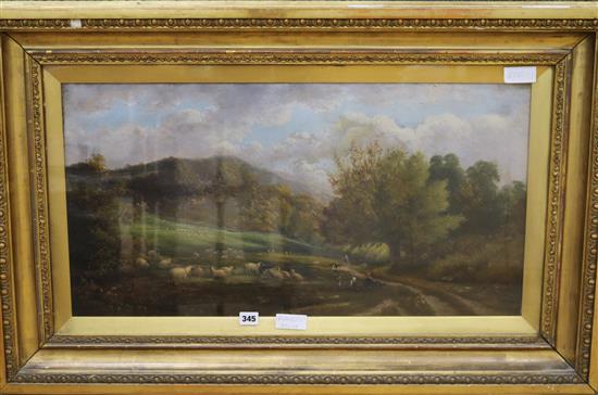 J E Meadows, oil on canvas, sheep in a landscape, 40 x 75cm